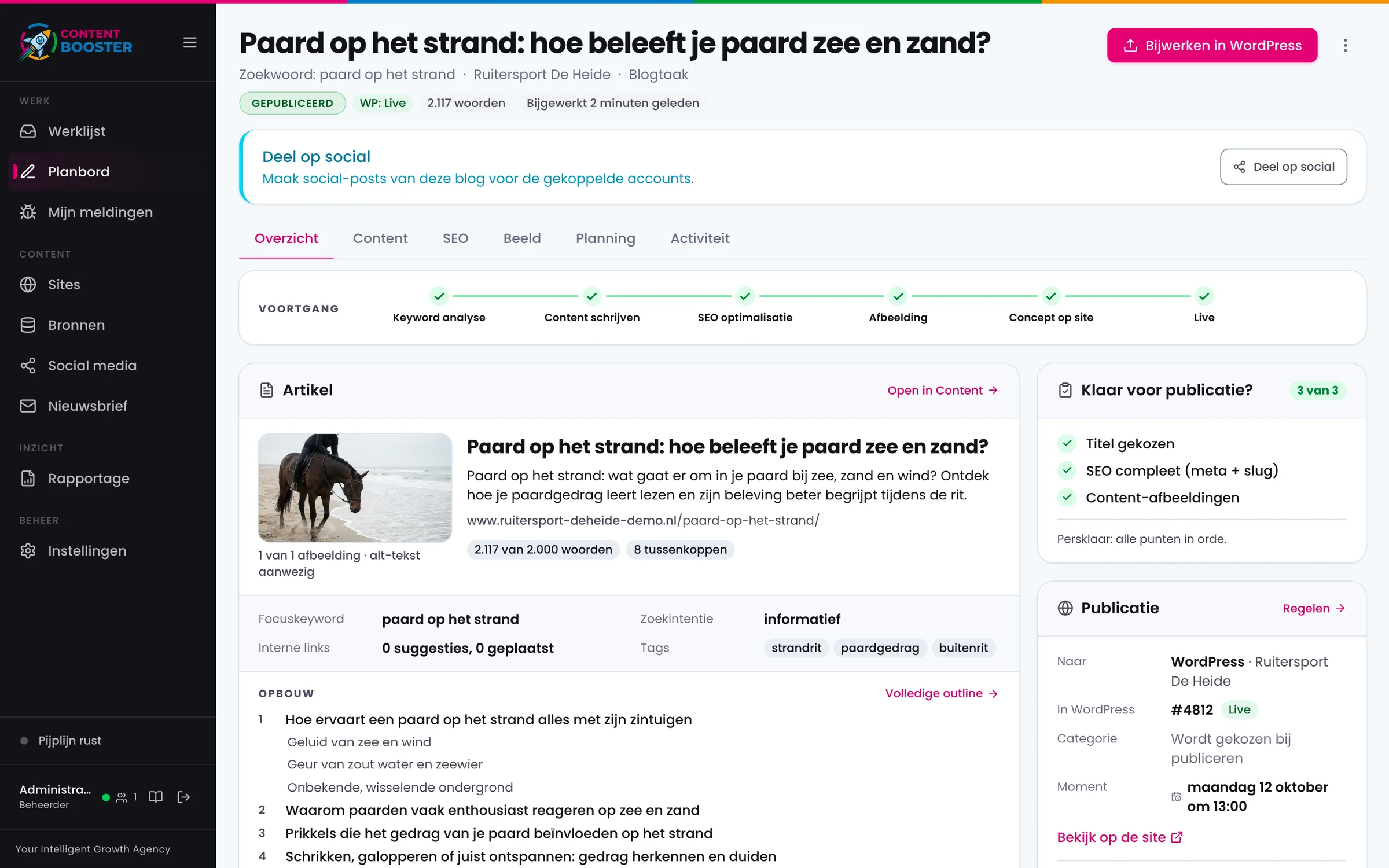 Het scherm van één blog: de voortgang van keyword-analyse tot live, het artikel met focuskeyword, tags en opbouw, en een checklist met drie van drie punten in orde.