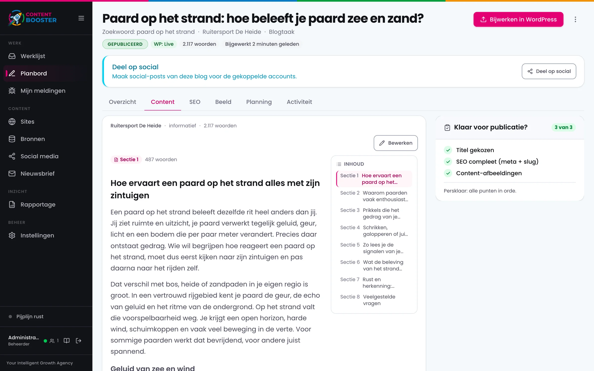 De tekst van het blog per sectie, met het aantal woorden per sectie, een inhoudsopgave en een knop Bewerken.