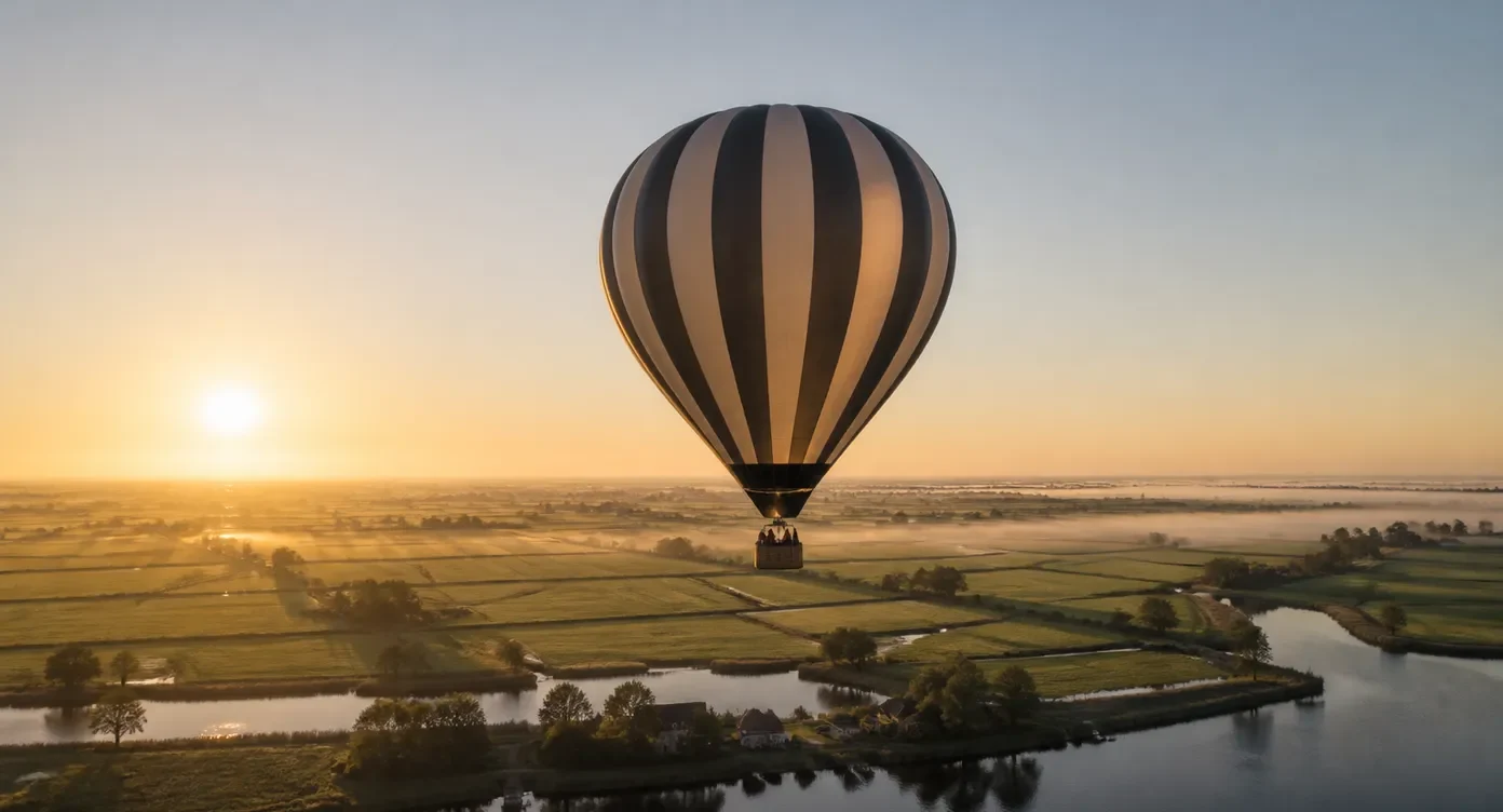 Featured image bij een klantblog: een luchtballon boven polders en water bij zonsopkomst