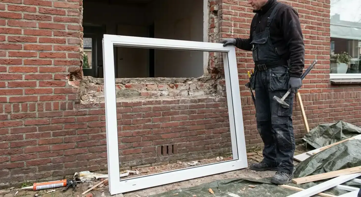 Featured image bij een klantblog: een monteur plaatst een wit kunststof kozijn in een bakstenen gevel